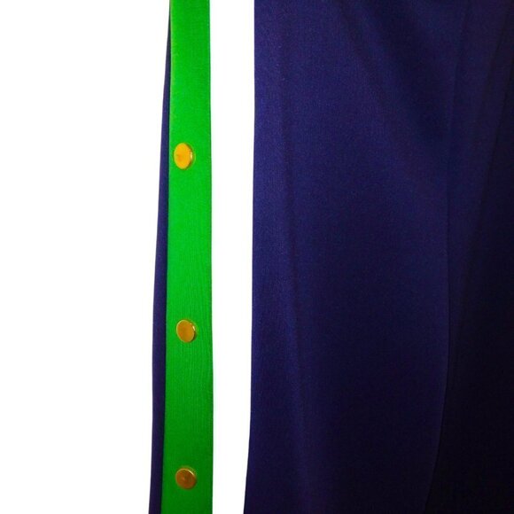 BLASHE COLLECTIONS BLUE JOGGER PANTS W/ GREEN & WHITE STRIPES & GOLD BUTTON TRIM - Picture 3 of 5